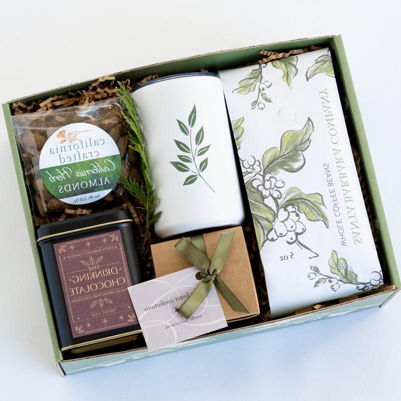 fireside coffee gift box with hot cocoa, coffee, chocolates and california almonds